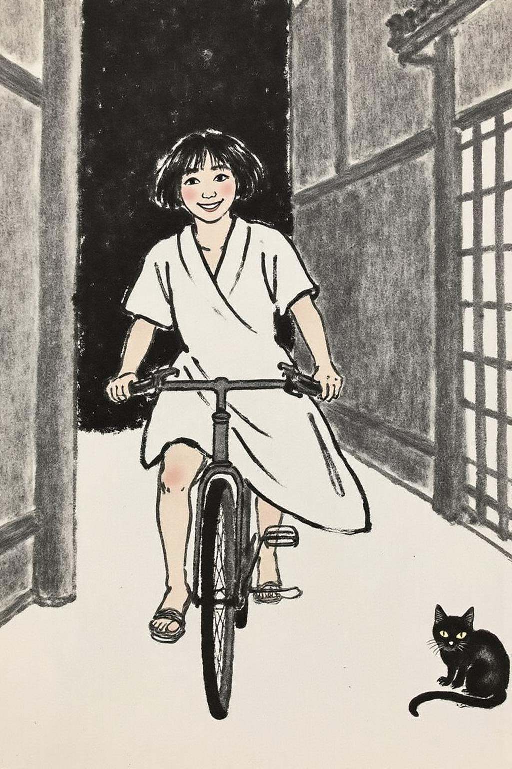 qbs1 ink wash paintingA Japanese school girl riding a old style bicycle through a narrow,  quiet street at night. The happ...