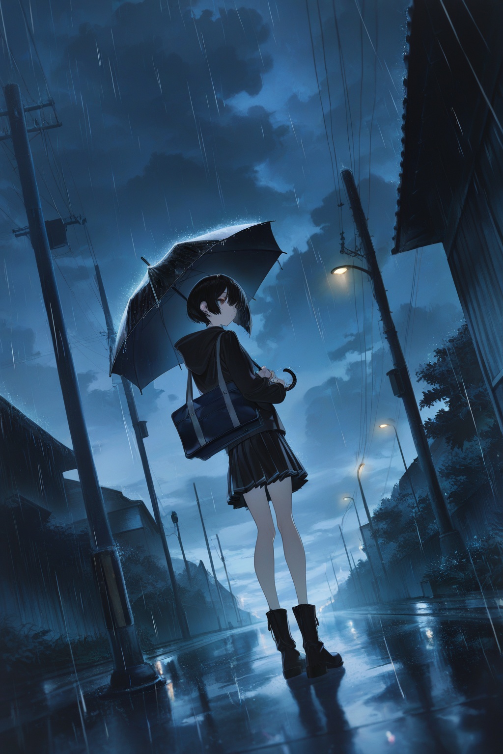 masterpiece,best quality,amazing quality,very aesthetic,absurdres,newest,impactful picture,offcial art,movie perspective,(yoneyama mai:0.5),(WANKE:0.5),(noyu (noyu23386566):0.5),cute painting style,dark,1girl,umbrella,rain,solo,power lines,sky,outdoors,cloud,bag,utility pole,holding,scenery,skirt,cloudy sky,holding umbrella,black hair,short hair,lamppost,hood,dutch angle,boots,standing,from behind,pleated skirt,black footwear,long sleeves,hood down,night,school bag,black skirt,looking_back,close-up,