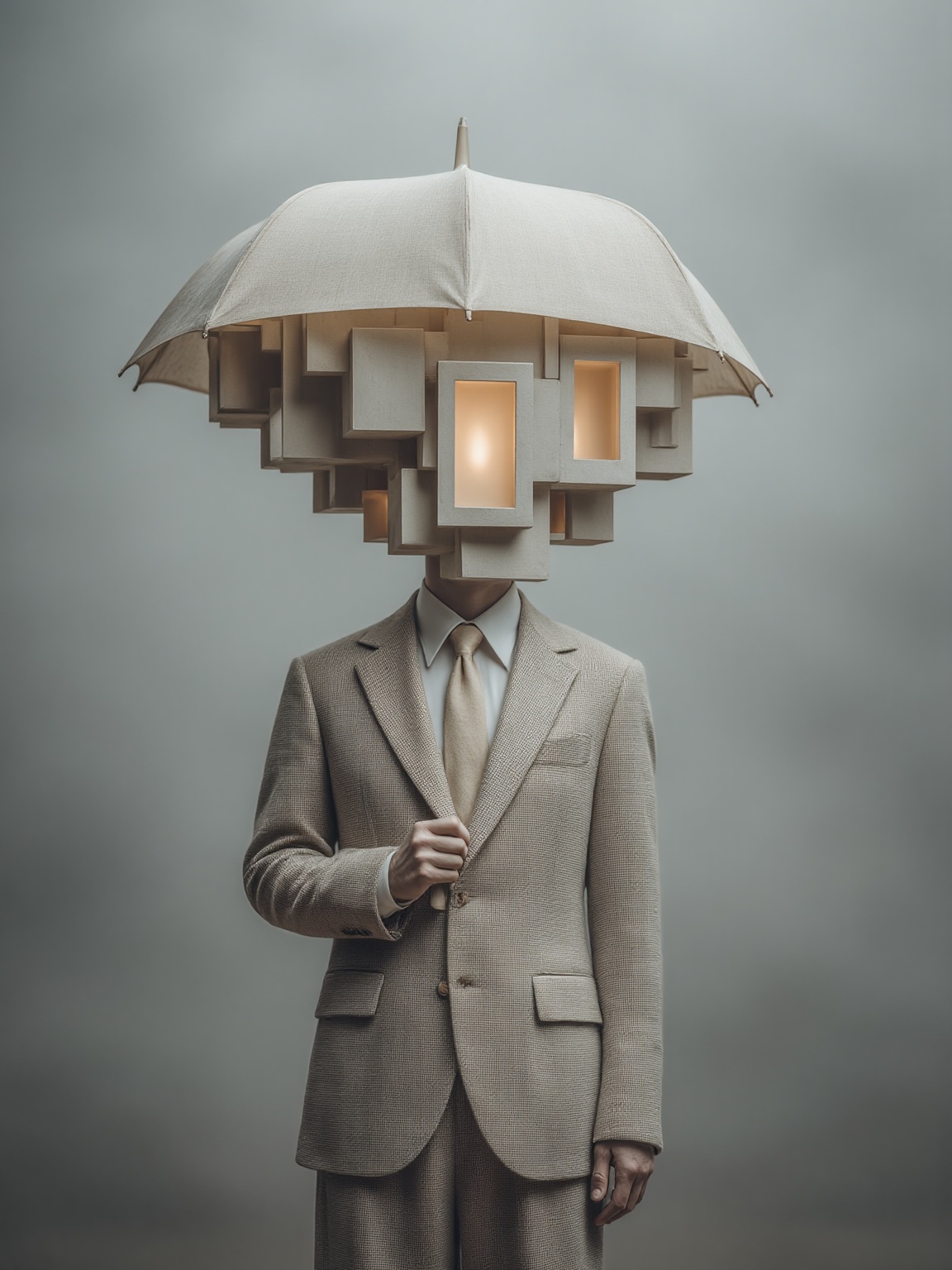 Business creativity,  A surrealistic photograph featuring a man in a beige suit holding a large,  modern on Tensor.Art