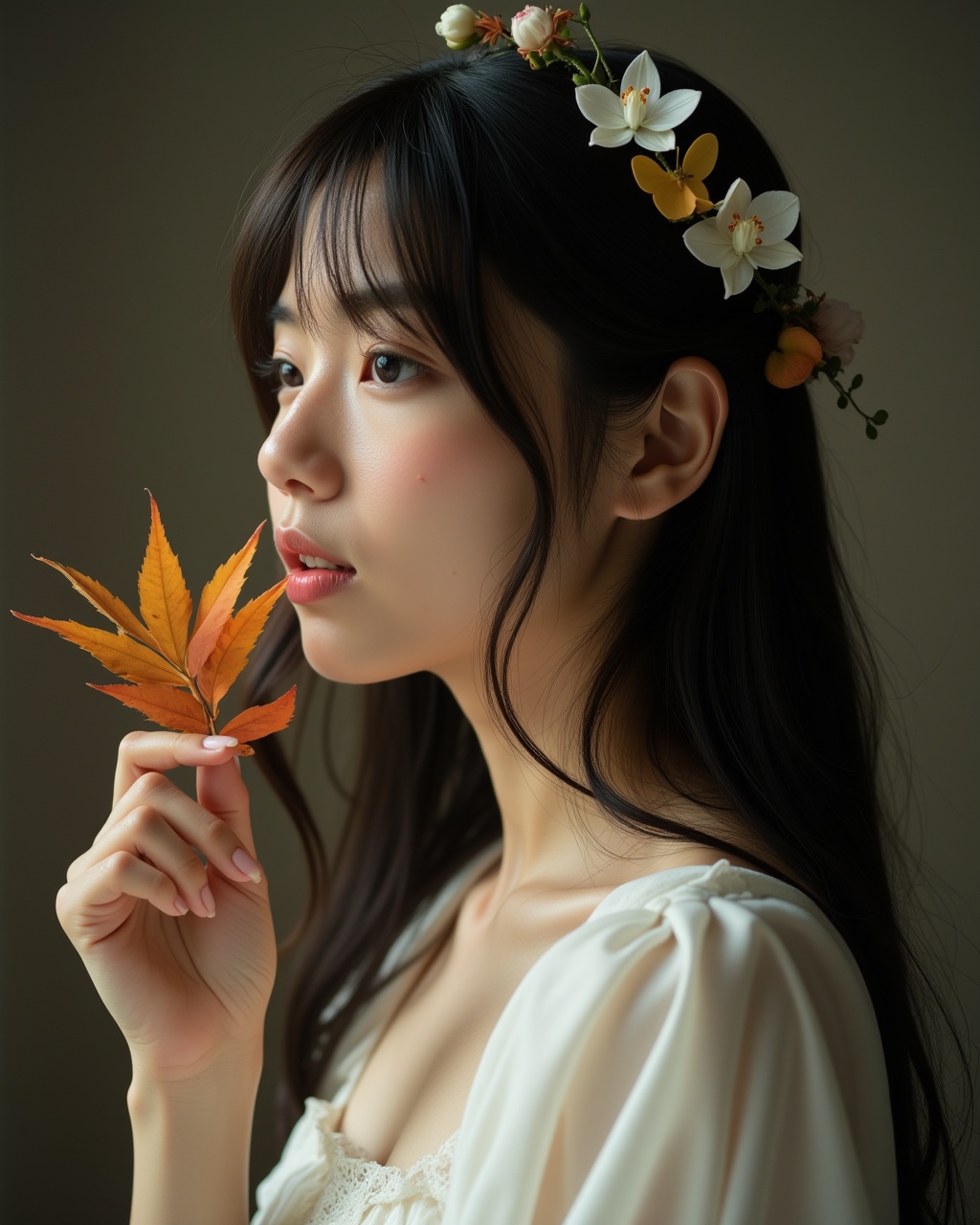 a photograph in soft,  warm light of a young east asian woman with long black hair,  adorned with a hairpiece of white orc...