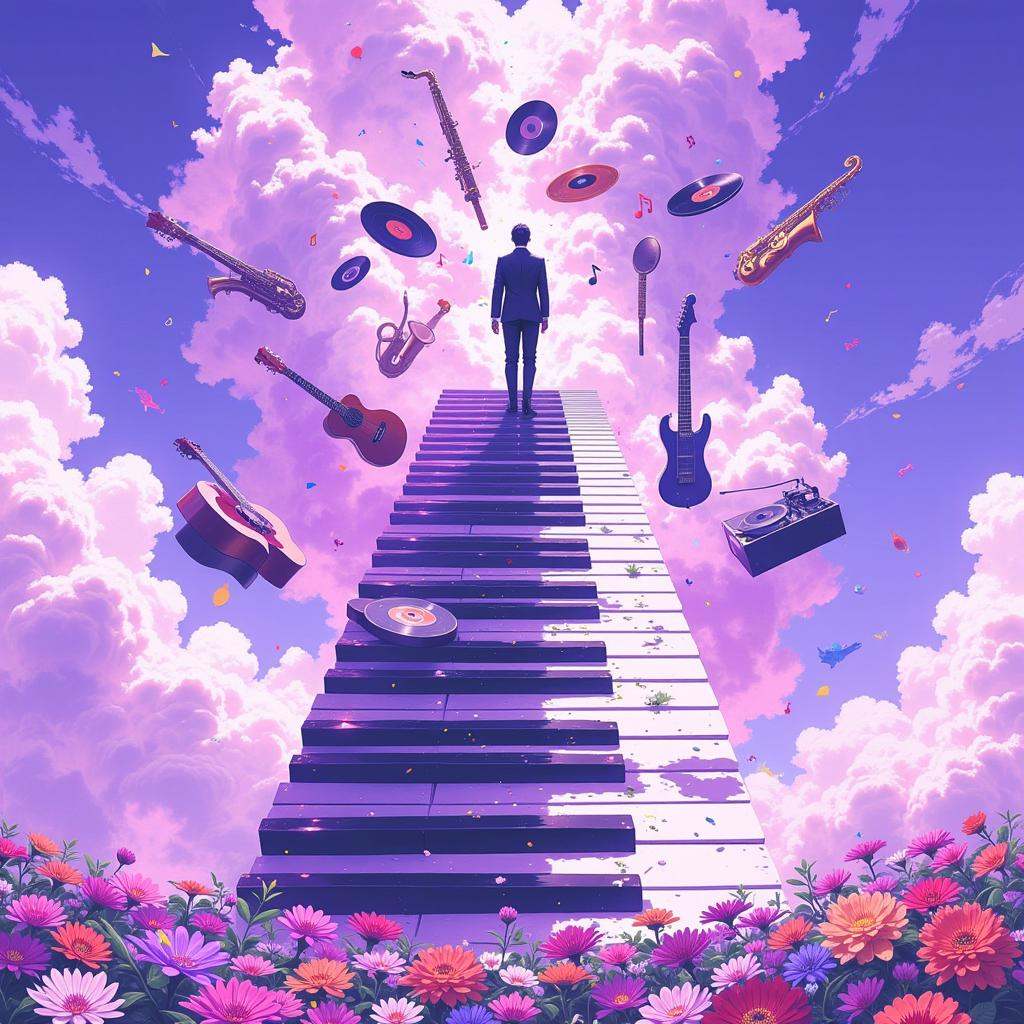 3pic_vist4,  anime_martz,  A man in a sharp suit walks up a staircase that stretches infinitely into the sky on Tensor.Art
