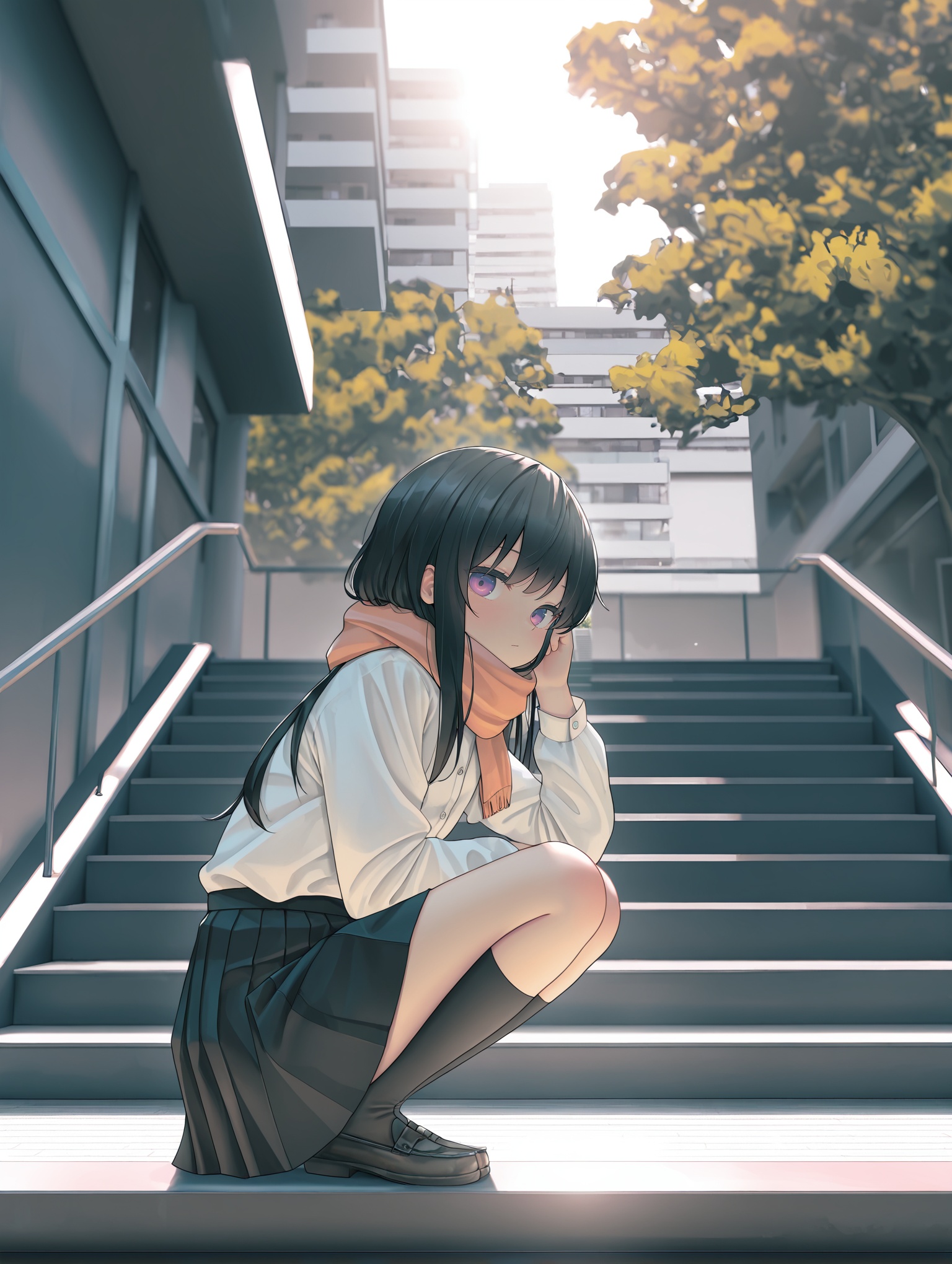 moody lighting,strong lighting,soft lighting, (nj \(imnj\):1.4), (chen bin:1.2),(nep,zukky000:0.4),(qizhu:1.1) niji style, 1girl, black hair, black skirt, blurry, blurry background, building, buttons, squatting, cityscape, day, depth of field, from side, hand up, kneehighs, long hair, long sleeves, looking at viewer, outdoors, pleated skirt, purple eyes, scenery, school, scarf, shirt, sitting, skirt, socks, solo, stairs, table, tree, white shirt, wide shot,masterpiece,best quality,amazing quality,