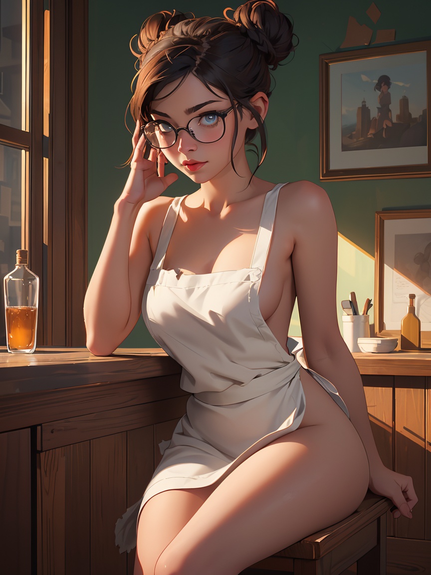 1 cute girl sitting on the top of a table. Naked. Open ripped torn apron. *****. Glasses. Highly detailed beautiful expres...