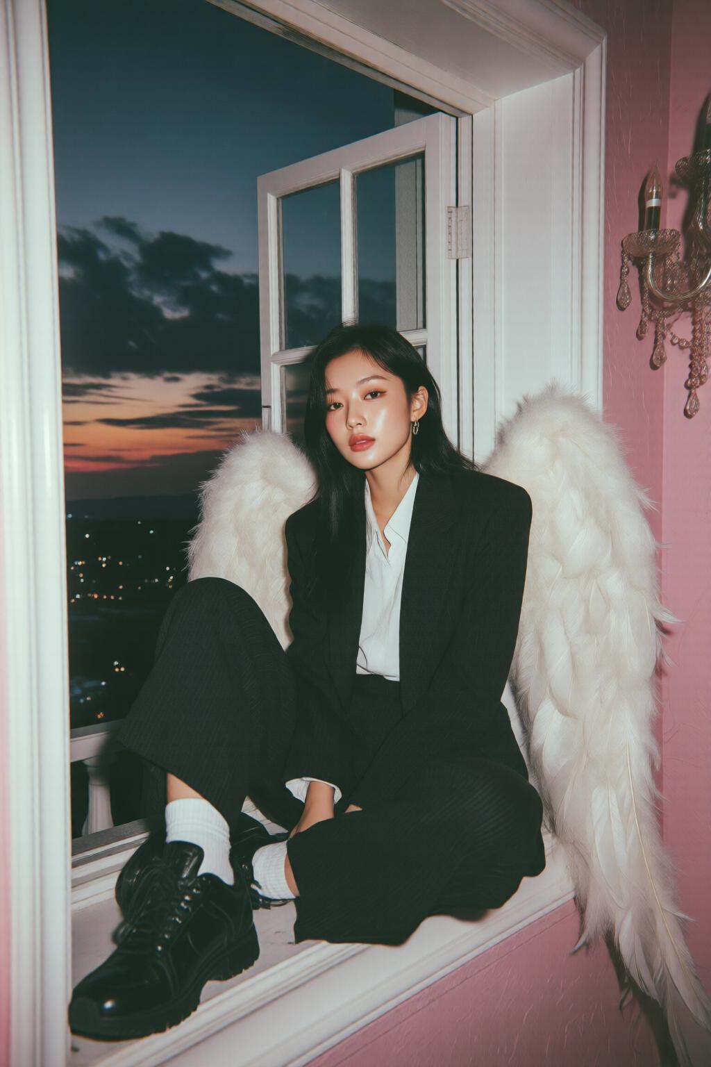 midjourneymix10q photograph.A young Korean woman sits on a windowsill,  dressed in a black suit and white shirt,  with lar...