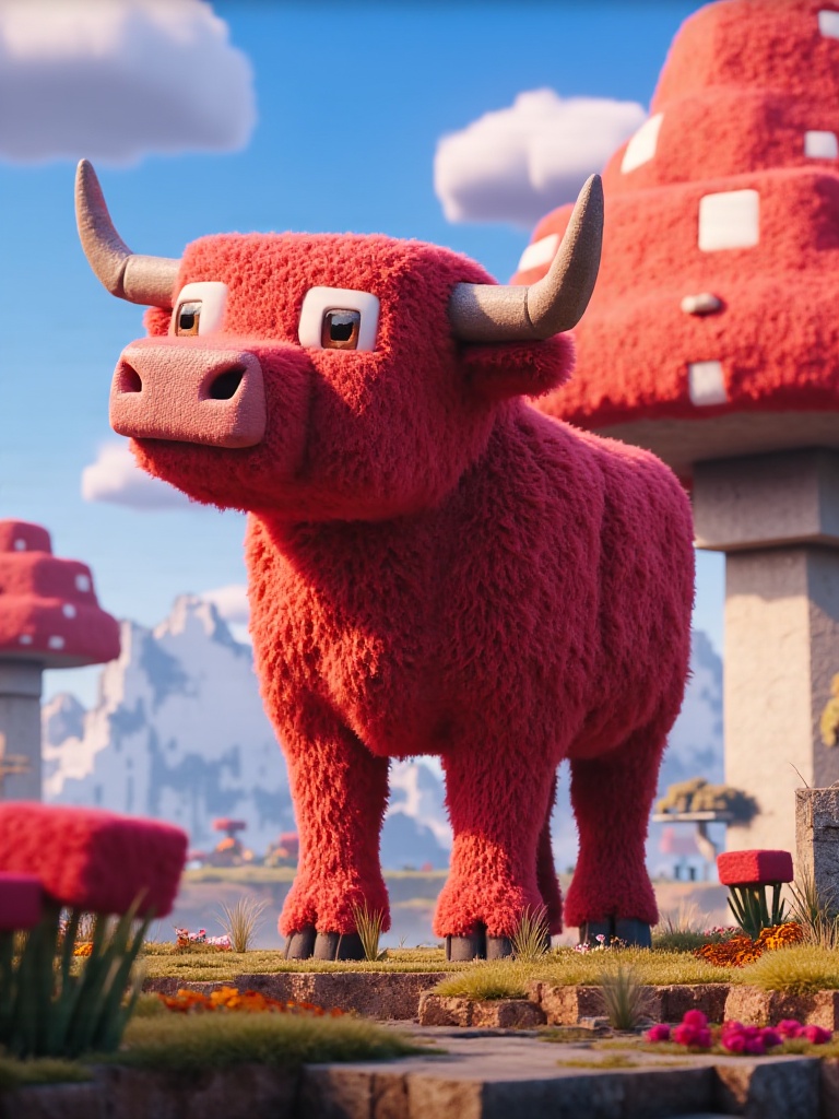 A majestic cubic mooshroom cow with blocky red mushrooms growing from its back,  standing in a vibrant mushroom island bio...