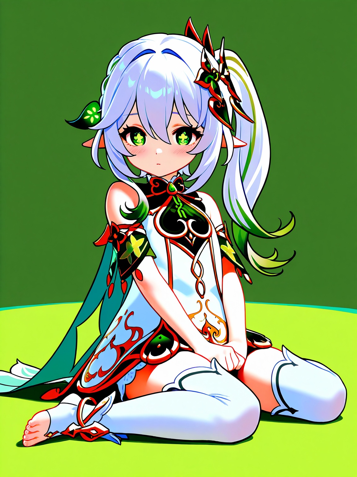 1girl,solo,nahida \(genshin impact\),white thighhighs,wariza,white background,best quality,amazing quality,very aesthetic,safe,