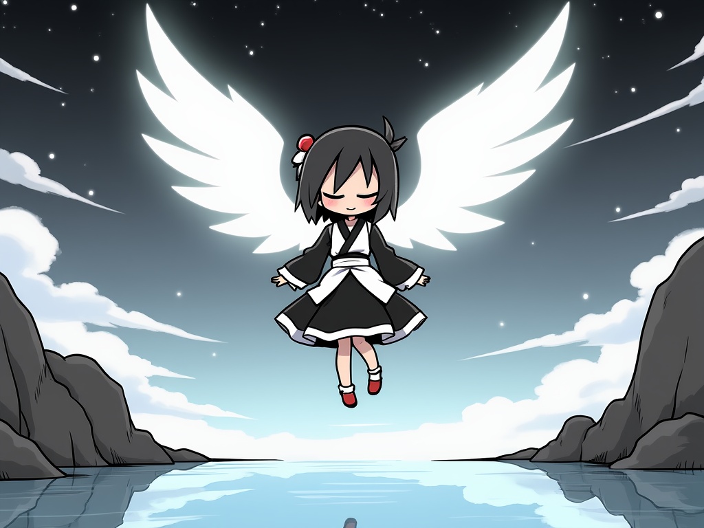 (masterpiece:1.2),(extremely detailed:1.2),(best quality:1.2),(high quality:1.2),(official art:1.2),jbh,Anime-style drawing,Anime-style digital drawing of a young girl with short black hair,adorned with a red and white hair ornament,floating in the air. She is wearing a traditional Japanese kimono with a black and white color scheme,and red geta sandals. Her eyes are closed,and she has a peaceful expression on her face. She has large white wings that are glowing with a soft,ethereal light. The background is a serene,rocky landscape with a calm,reflective body of water in the foreground. The sky is a gradient of dark to light blue,with twinkling stars scattered throughout. The lighting is soft and diffused,creating a dreamy atmosphere. The camera angle is straight-on,capturing the girl in the center of the frame. The style is reminiscent of a fantasy or magical girl genre.,<lora:古风简笔画-autodl-11.26-000009:0.7>,