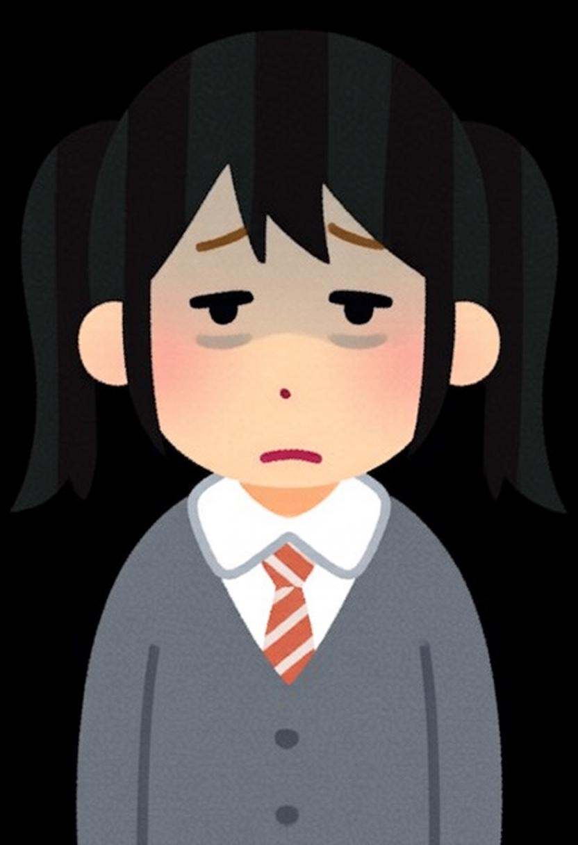 irasutoya3q illustration. A sad schoolgirl with droopy,  tired eyes. Her hair is styled in pigtails. She is wearing a scho...