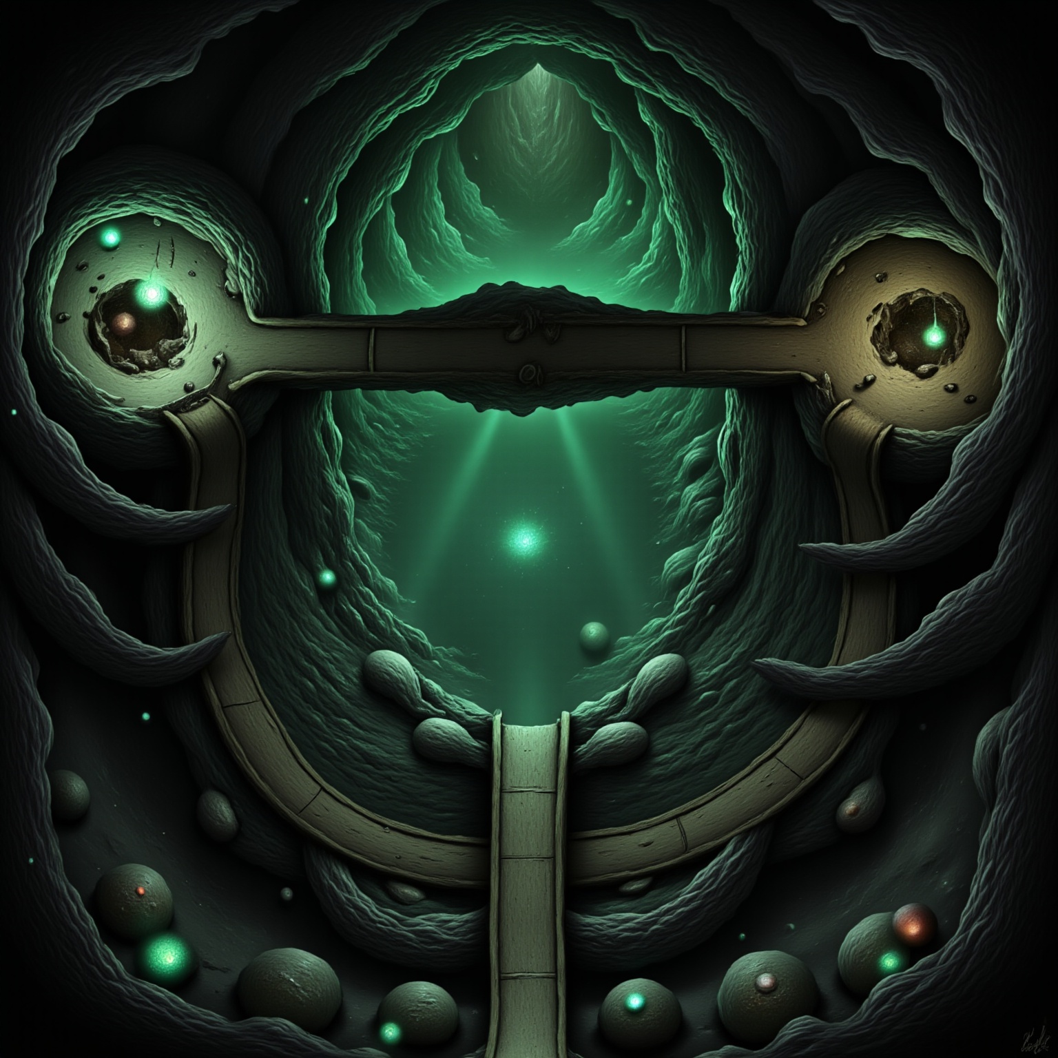A hand-drawn fantasy map of a shadowy underground cavern system with glowing fungi,  winding tunnels,  rope bridges on Ten...