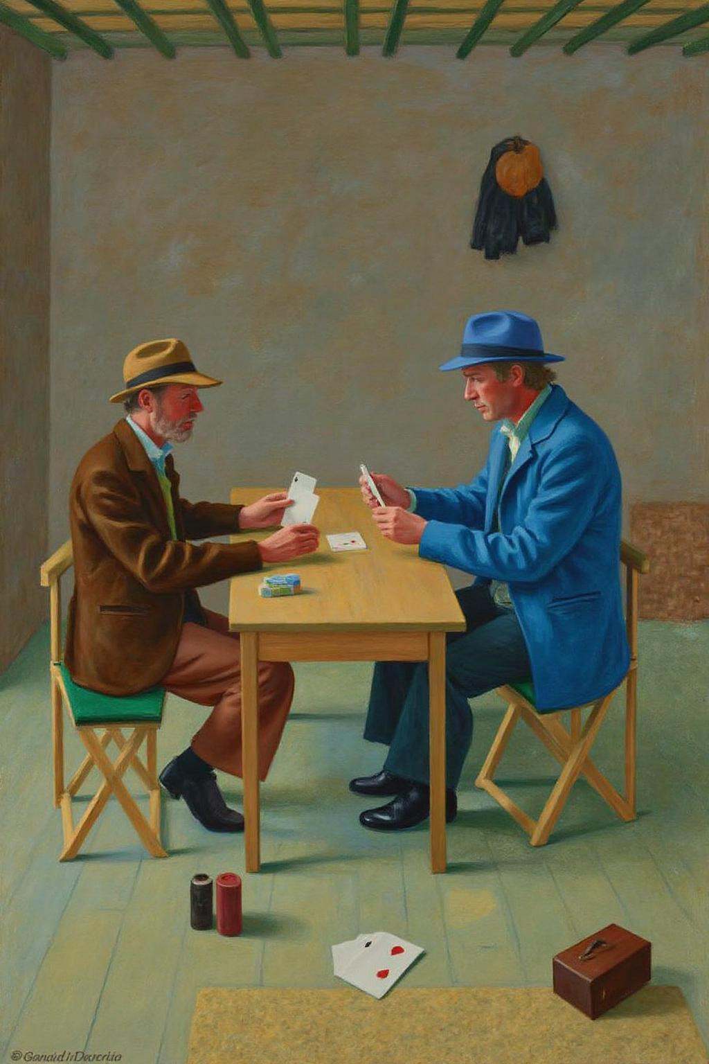 daho1 painting.A quiet and intimate scene of two men playing poker. The composition features the two figures seated at a w...