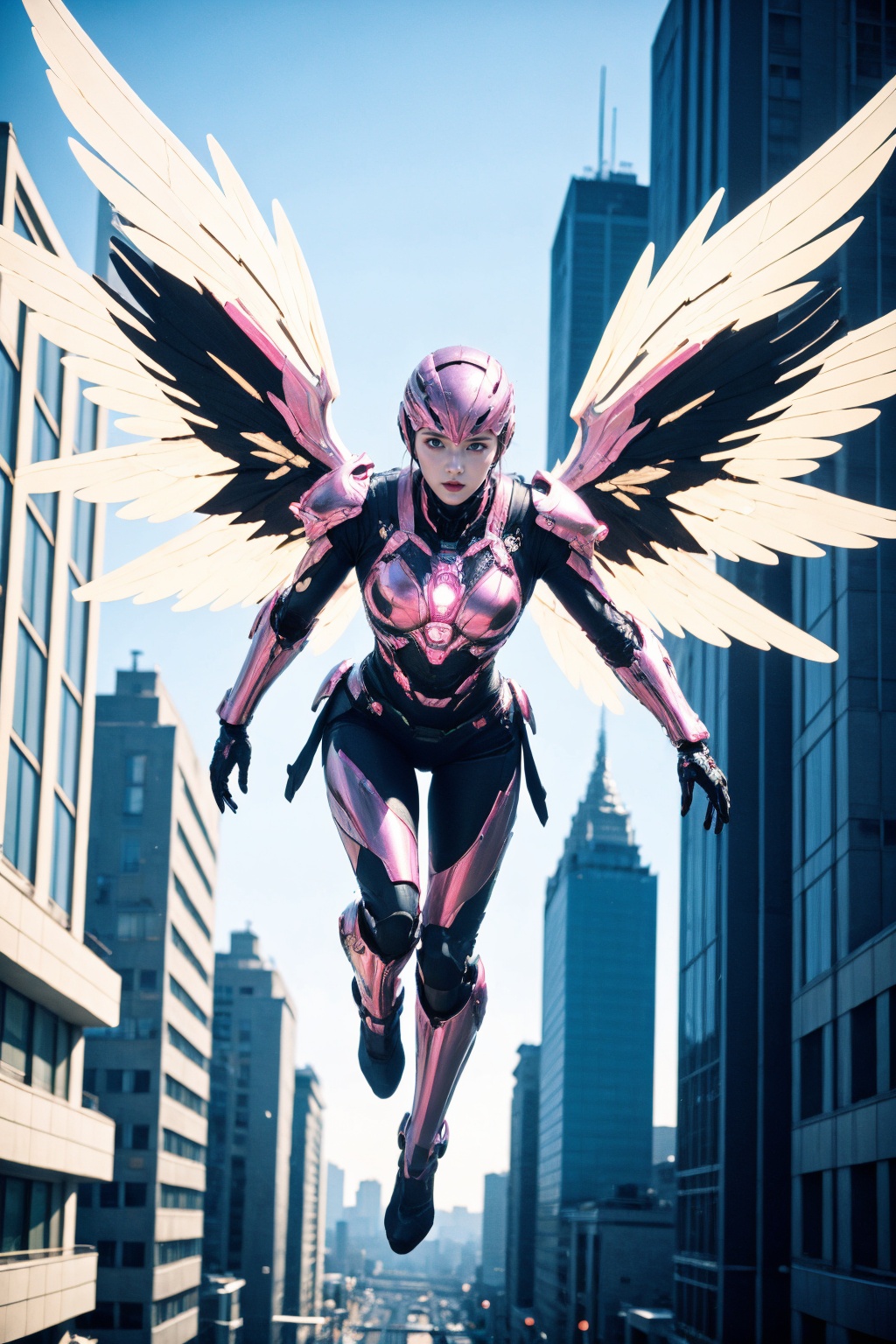 (extremely detailed:1.4),girl,pink cyber armor,wings,flying on sky,building,