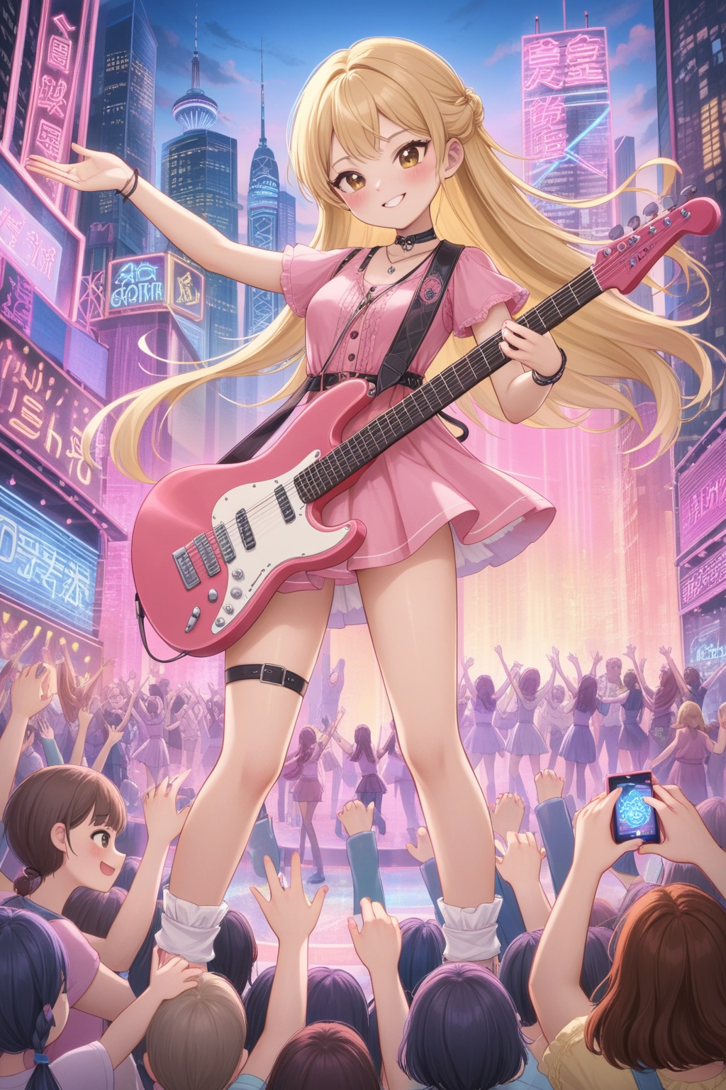 The image is a digital illustration of a young girl with long blonde hair,wearing a pink outfit and holding a guitar. She is standing on a stage with a crowd of people in front of her,who are raising their hands in the air. The background is a cityscape with tall buildings and neon lights. The girl has a big smile on her face and is holding the guitar with both hands. She appears to be dancing or performing. The overall mood of the image is energetic and lively.,