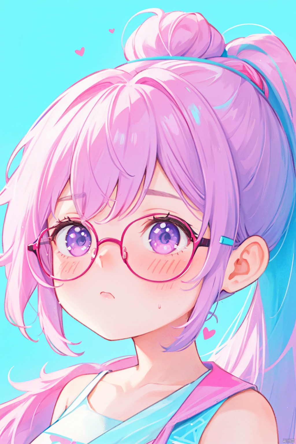 A girl with glasses,(close-up:0.8),rossdraws pastel vibrant,18 years old,beautiful girl,extreme beauty,high ponytail,bare shouldersneon lenses,pink and blue neon,purple and blue neon,rossdraws global illumination,neon aesthetic,(neon colors),( colorful ),soft neon,blue and pink colors,synthwave image,woman with rose tinted glasses,vibrant neon colors,neon color details,pink and blue colors,stunning digital illustration,vivid neon colors,She has a pink heart on the left side of her face,incredibly absurdres,masterpiece<lora:EMS-351644-EMS:0.600000>, <lora:EMS-281812-EMS:0.500000>
