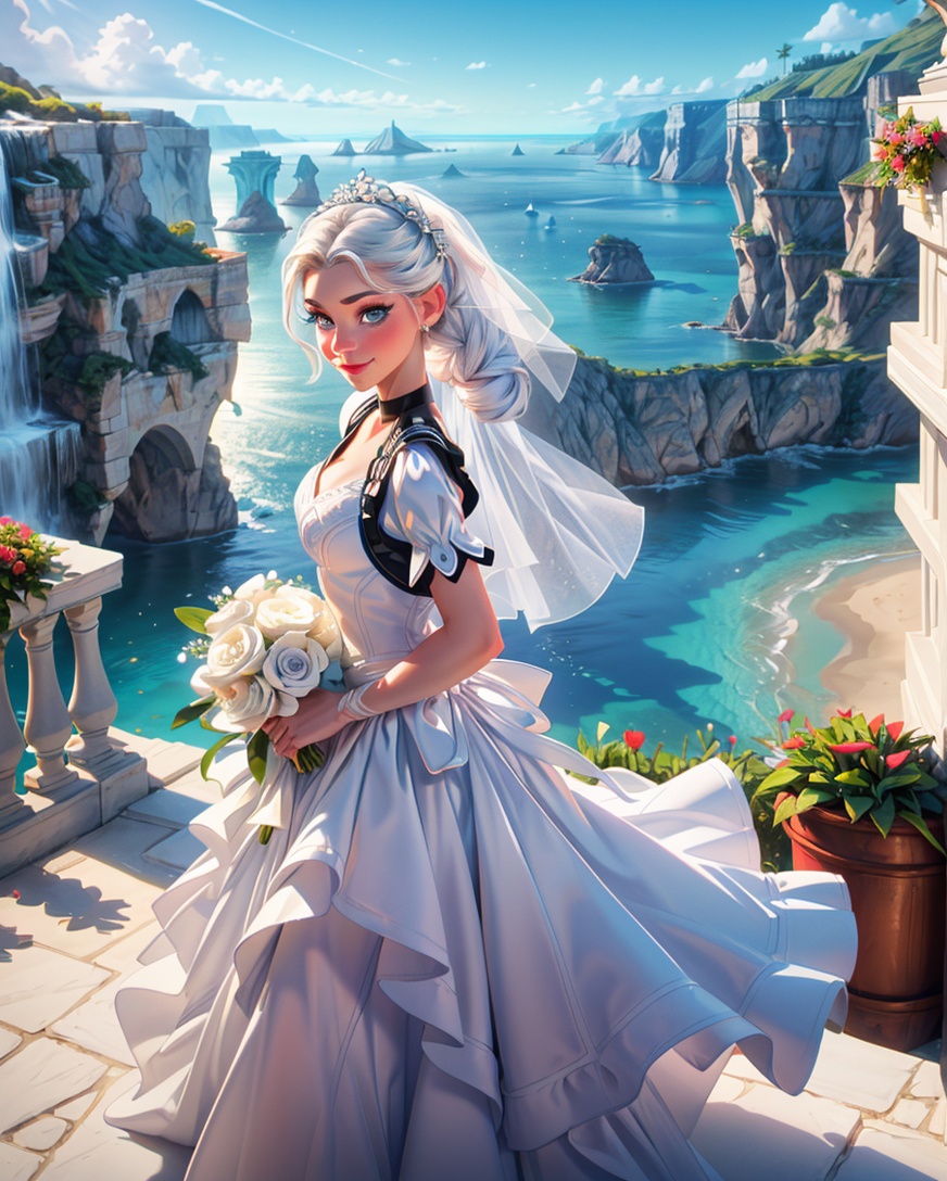 Extreme Close up photo taken from above the subject. Gorgeous whimsical female bride looking at the viewer. Her hair is in...