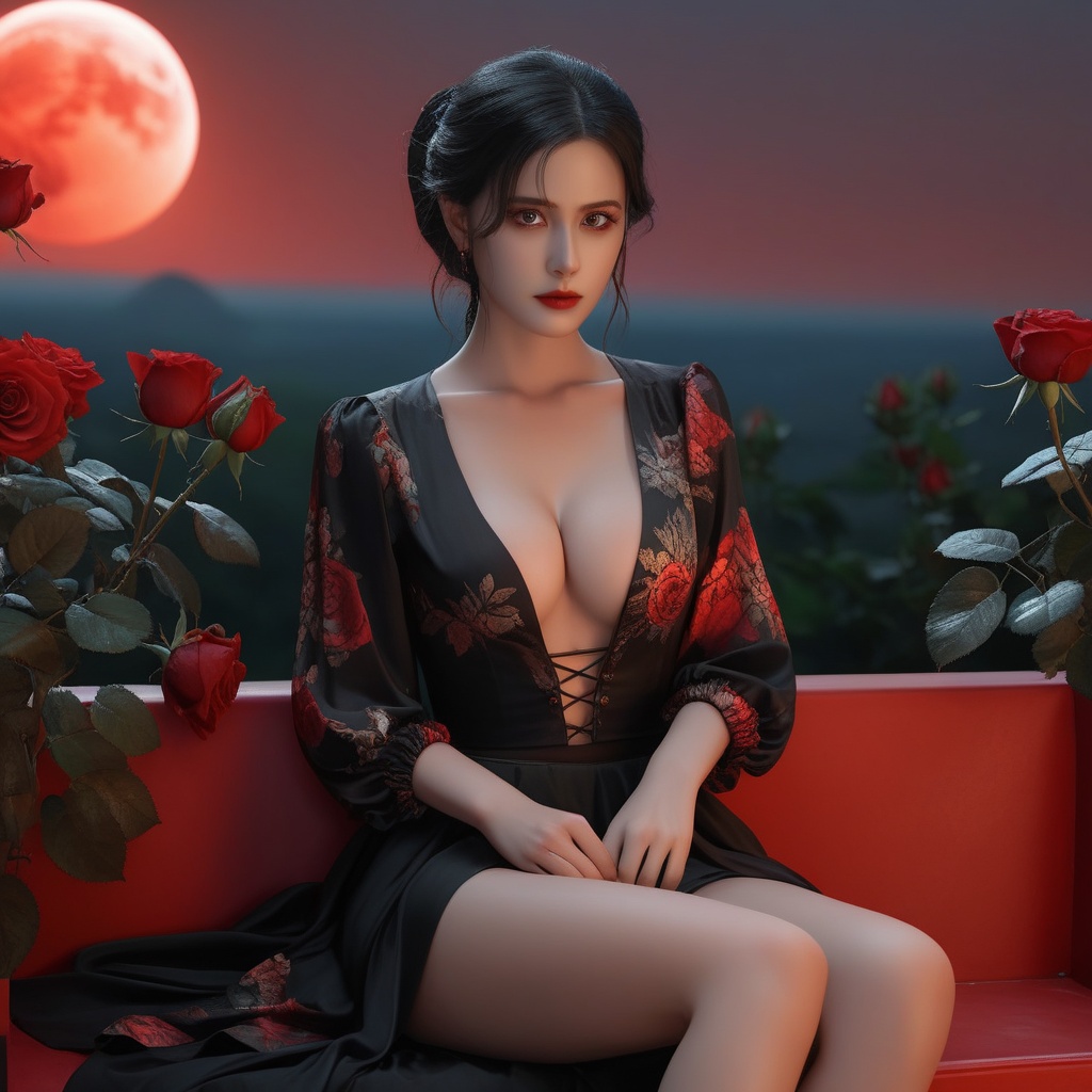 (,1girl, ,best quality, ),,  ,,ultra realistic 8k cg,, ,masterpiece, (( , )),, ,science fiction,mole, ,    ,red moon, black rose,(sit),     (cleavage),,  (), <lora:823-DA-XL-国模-恶女-VIVI:0.8>,