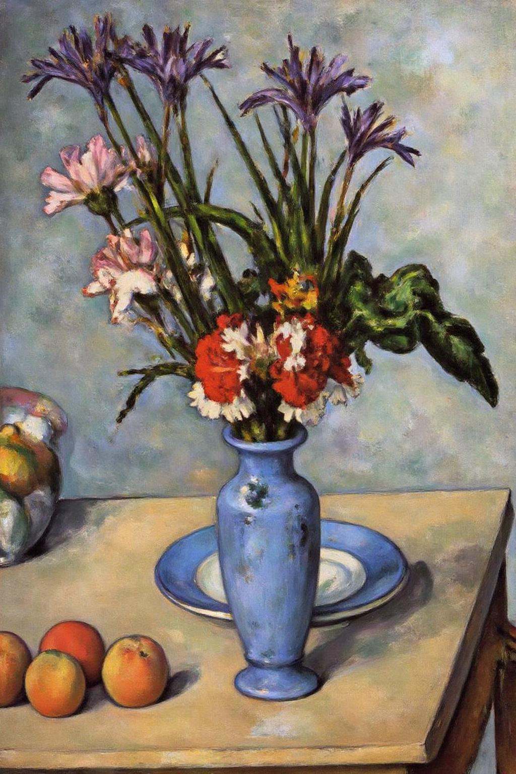 pau1cez painting. A blue vase filled with a vibrant bouquet of flowers. The flowers include red and white carnations,  a f...