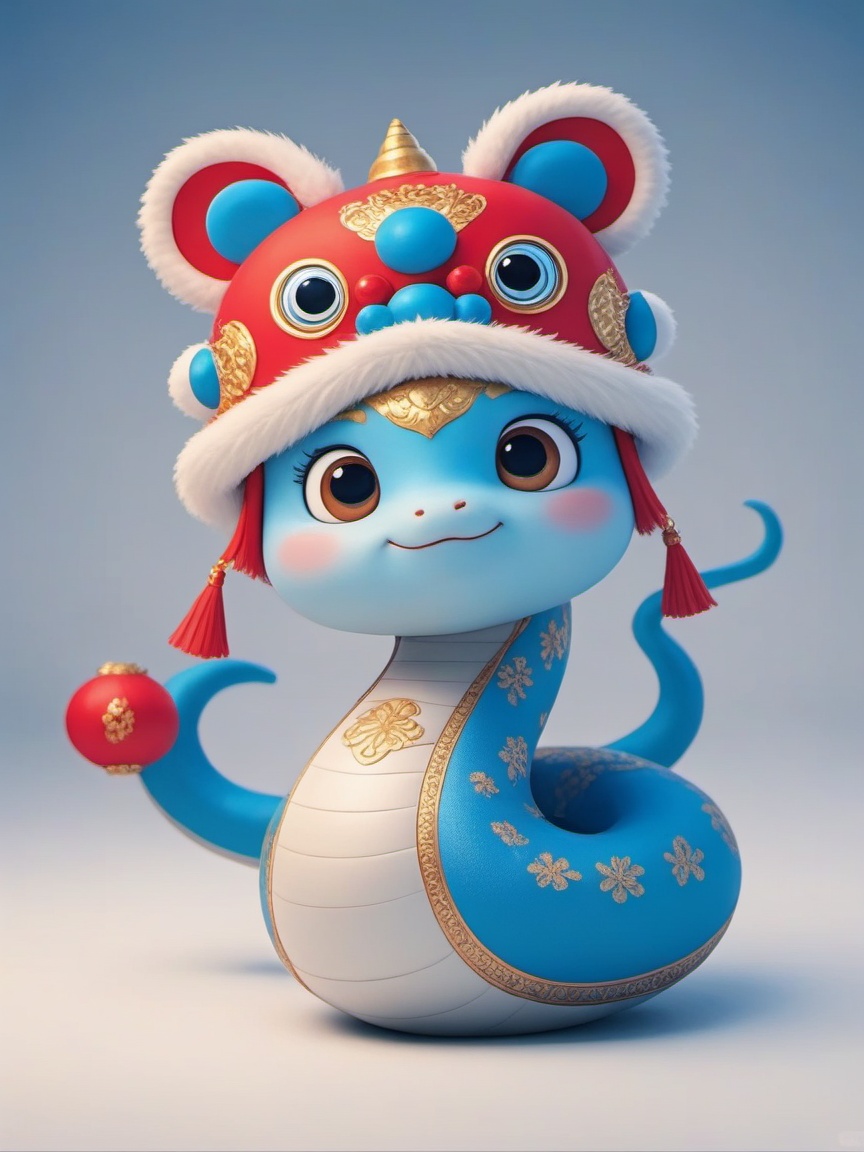shenian,wearing a Nian beast hat,A cute blue snake with big brown eyes and a small human-like face is wearing a beautiful Chinese costume. Wearing a Nian beast hat, it is decorated with white and red fur, gold ornaments and red tassels. The background is a light blue cool gradient.,<lora:shebaobaov1-000014:0.8>
