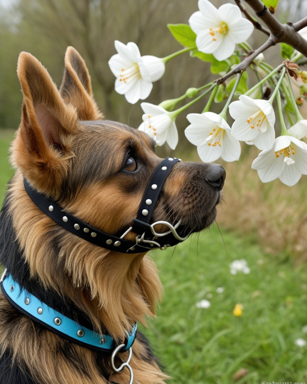 Yorkshire Terrier with very long hair on his muzzle on the right,  seen in profile,  reaching his nose towards a branch bl...