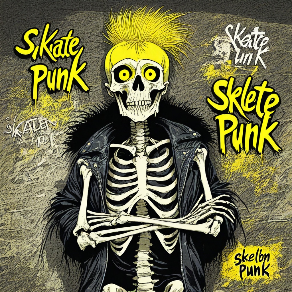 skeleton punk,  skeleton,  featuring a skeletal figure with a punk rock aesthetic. The background is a vivid on Tensor.Art