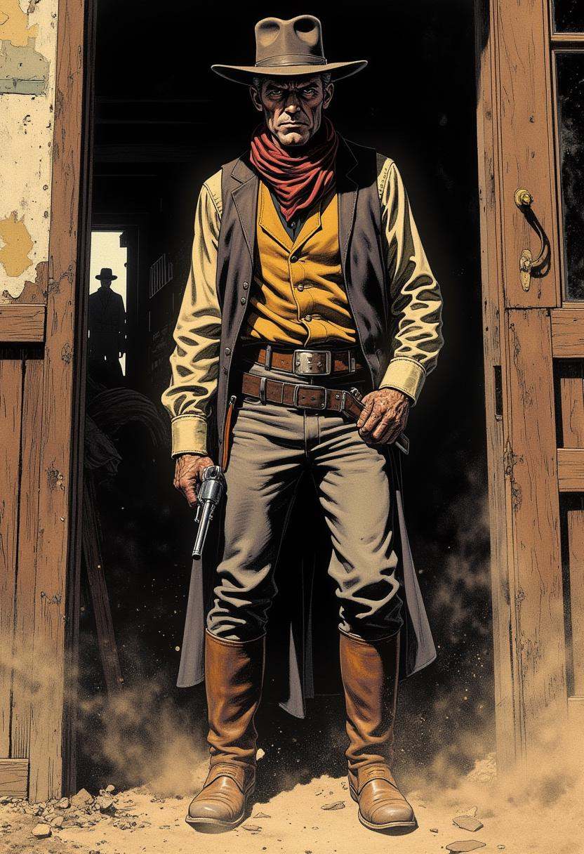 A lone gunman with a steely gaze stands in the doorway of a saloon,  his hand hovering over his holstered revolver. Dust s...
