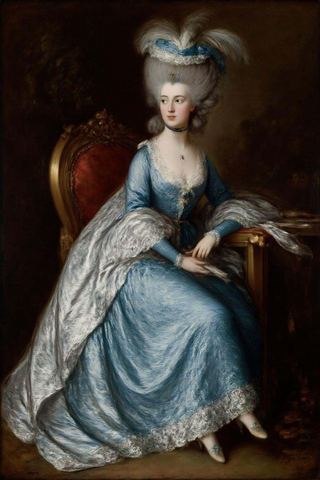 gainsbo1 paintingdulac1. A woman dressed in an elaborate,  voluminous,  blue and white gown with a high waistline on Tenso...