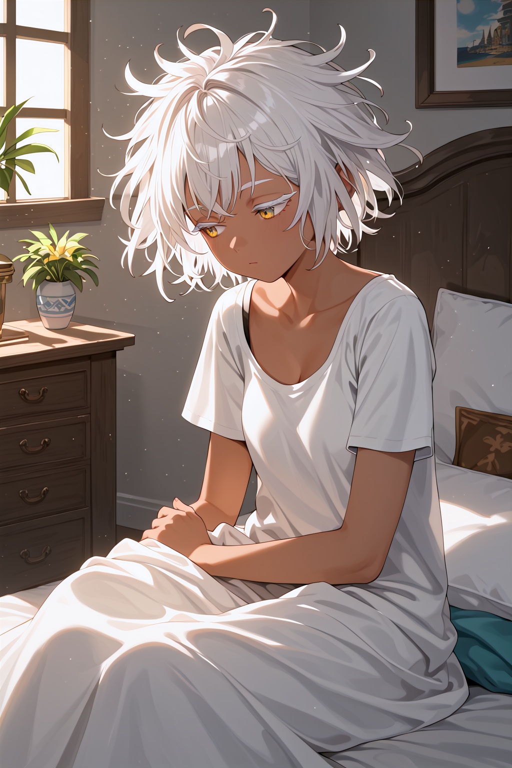 score_9,best quality, 1girl,dark skin,white hair,(white eyelashes:1.1), fantasy,short hair,half asleep,looking away,bed,sitting, streak of light,illumination,indoor,messy hair,(yellow eyes:0.7)