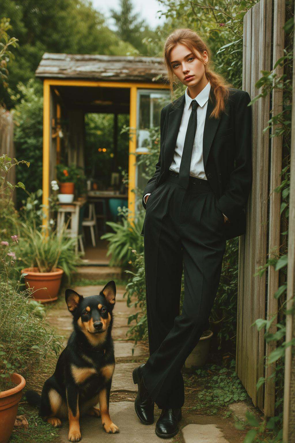 midjourneymix10q photograph. A young English woman with long hair style into a ponytail,  wearing a formal black suit with...