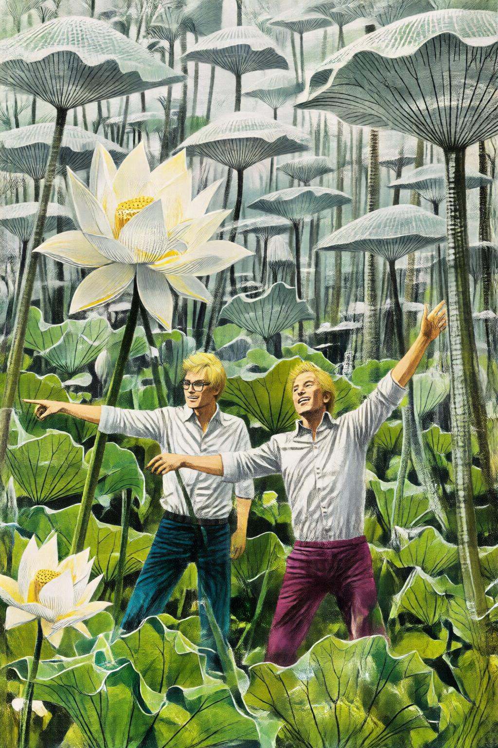 giannirenna2q illustration. Two blonde men wearing white shirts are in a lush forest filled with large,  towering mushroom...