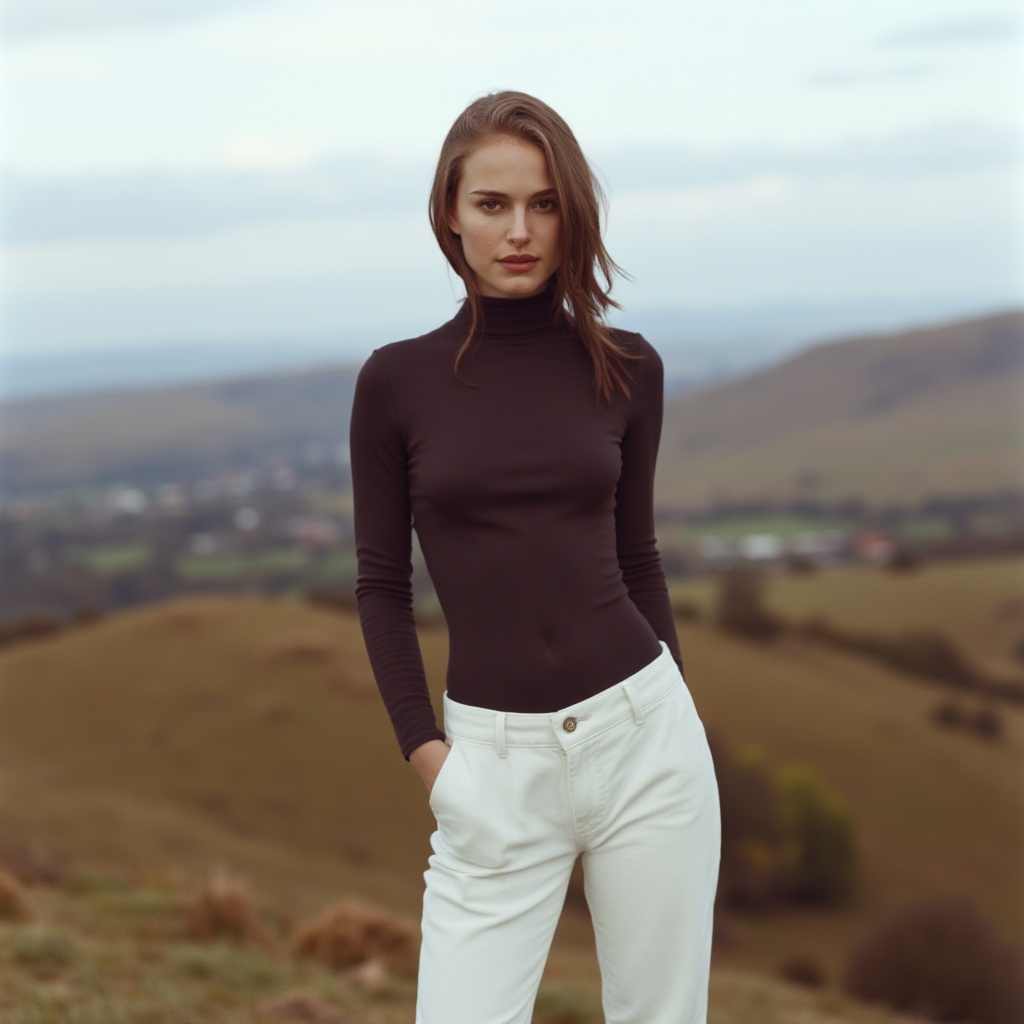 High quality photo in side view of a woman looking at the viewer standing on top of a hill in the windy scottish highlands...