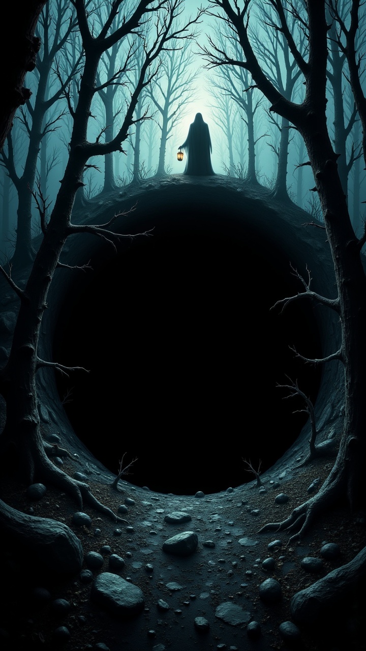 A black hole in the middle of a forest,  with trees growing in reverse as if being pulled into the void,  while a figure w...