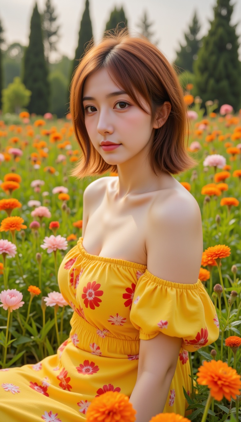 A young woman with fair skin and shoulder-length,  wavy auburn hair sits in a field of blooming orange and pink flowers. S...