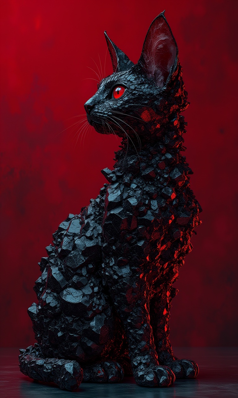 A black cat made from rough black obsidian crystals,  in profile,  side view on Tensor.Art