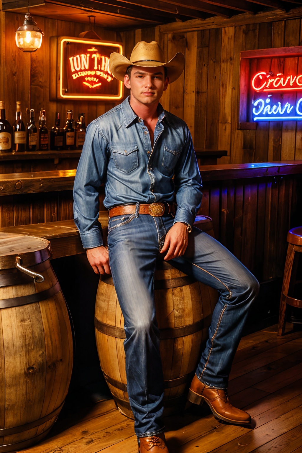 Country Western bar,  neon signs,  exposed wood interior on Tensor.Art