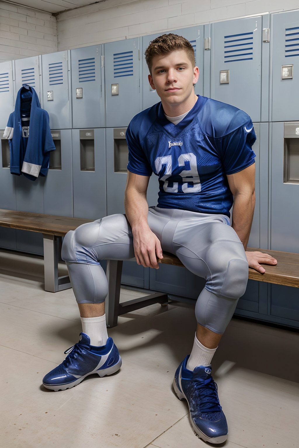 locker room,  sitting on a bench,  in front of lockers on Tensor.Art