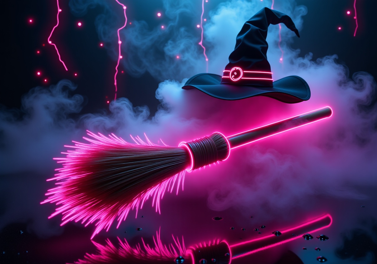 cyberpunk_halloween,  A neon light cyberpunk broom glowing with bright neon lights,  floating through the mist. The broom’...