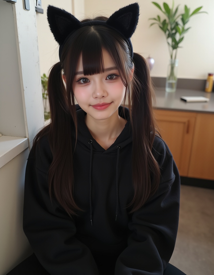 Photo of Iris,  A beautiful young asian woman with long dark hair twintails style,  looking at the camera on Tensor.Art