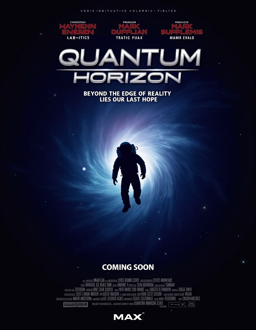 This is a digitally created movie poster for the film "Quantum Horizon." The background features a deep, dark space with a swirling, cosmic nebula in shades of blue and purple, creating a sense of vastness and mystery. At the center of the nebula, a silhouetted astronaut in a classic white space suit with a helmet is floating, giving a sense of weightlessness and isolation. The astronaut's position is dynamic, with one arm extended, suggesting movement or action.The title "QUANTUM HORIZON" is prominently displayed at the top in bold, futuristic font, with the subtitle "BEYOND THE EDGE OF REALITY LIES OUR LAST HOPE" in smaller, white text beneath it. The names of the director, Hayneen-Eneron Lab-Itics, and the producer, Iris Elax, are listed in red text at the top.The bottom of the poster features a white text box with the words "COMING SOON" in bold, with the cast and crew listed below in smaller text. The names include Chris Evans, Mark Ruffalo, and others. The "MAX" logo is prominently displayed on the left side, indicating a partnership with the movie theater chain. The overall style is futuristic and sci <lora:qihuan222 (1): <lora:qihuan222 (2):0.8> <lora:qihuan222 (3):0.8> <lora:qihuan222 (4):0.8> <lora:qihuan222 (5):0.8>