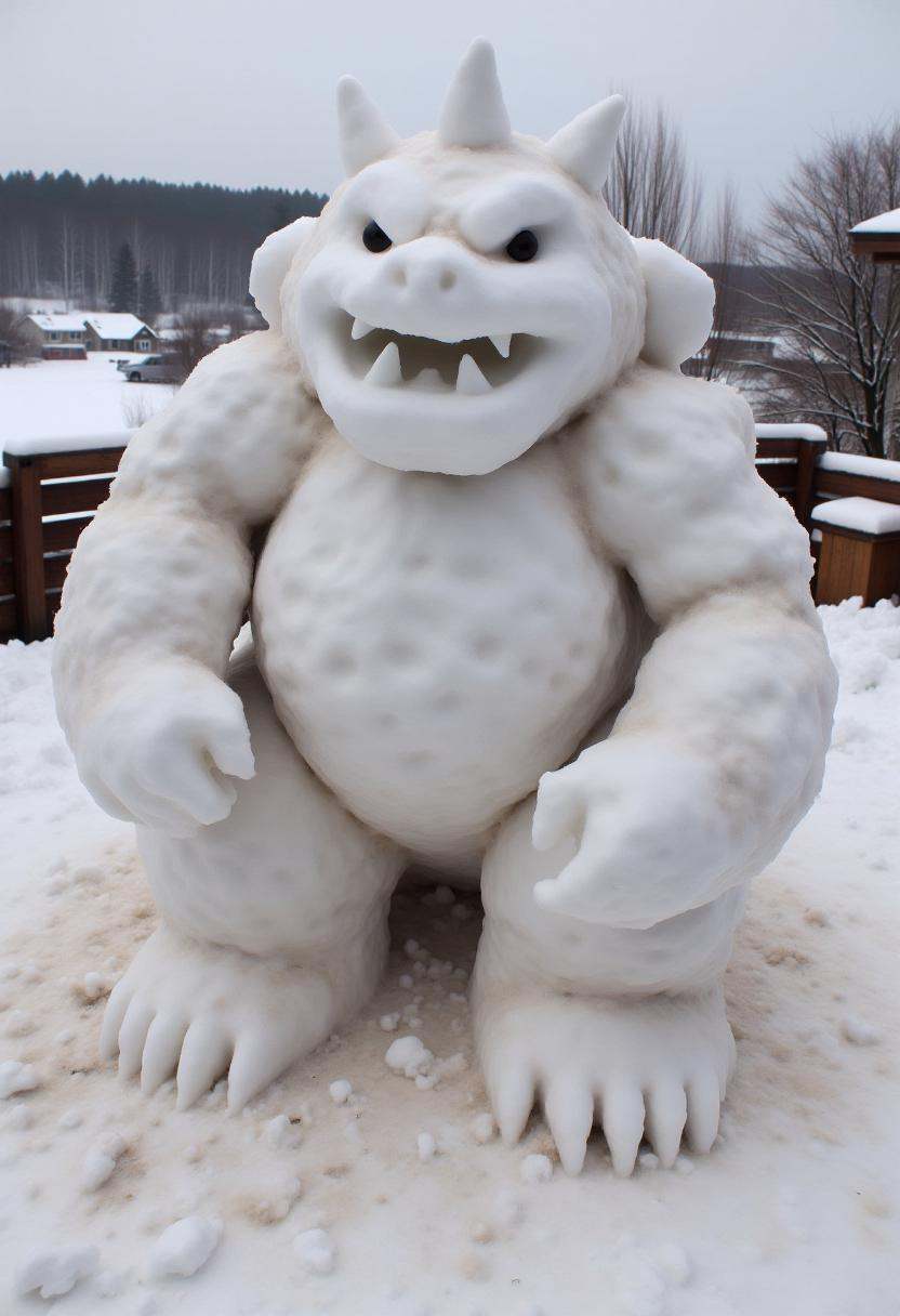 Realistic photograph of a Bowser snow sculpture,  crafted entirely from snow. The snow sculpture's texture is uneven,  wit...