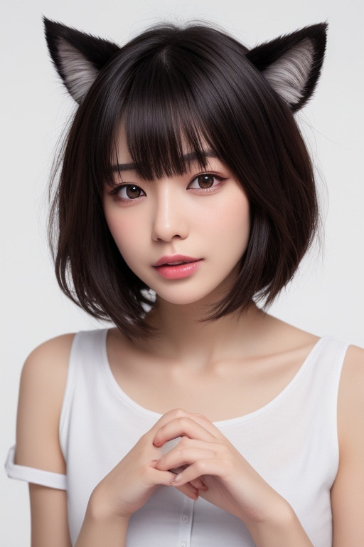 1girl,animal_ears,solo,own_hands_together,blush,interlocked_fingers,shirt,white_background,simple_background,hair_between_eyes,bare_shoulders,animal_ear_fluff,upper_body,eyebrows_visible_through_hair,white_shirt,collarbone,looking_at_viewer,bangs,ahoge,short_hair,