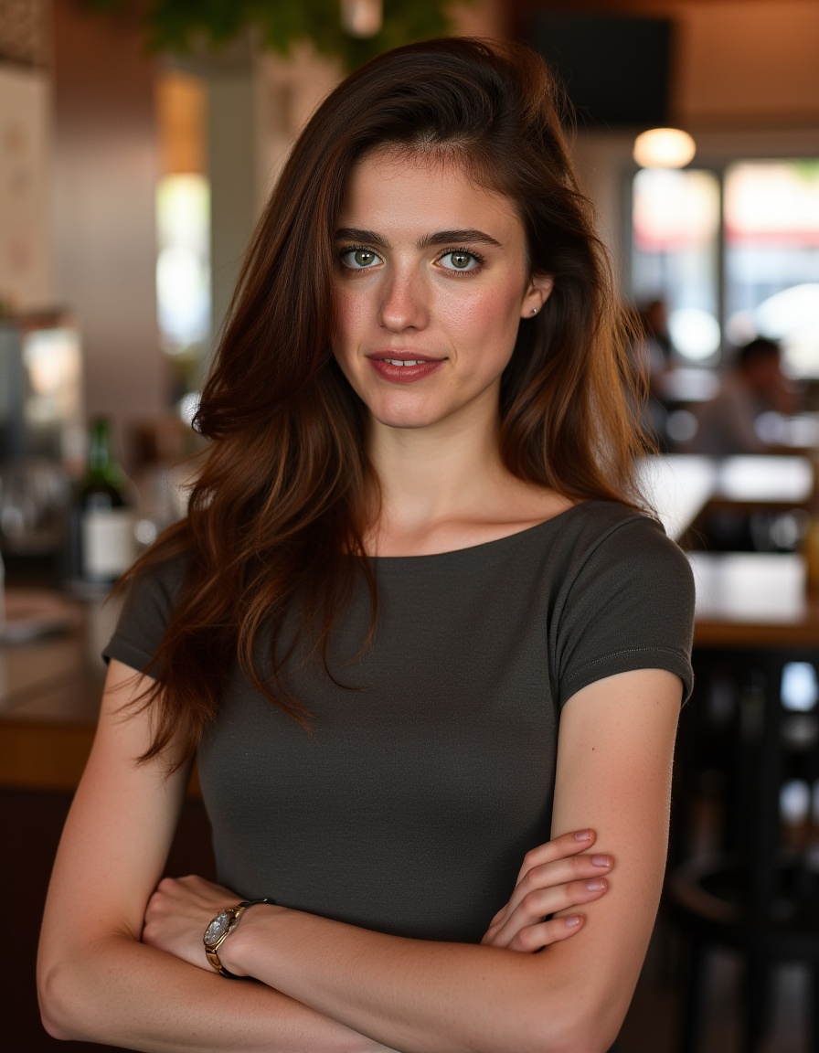 This is a high-resolution photograph of a woman,  brown hair cascading over her shoulders. Wearing a boatneck dress,  Stan...