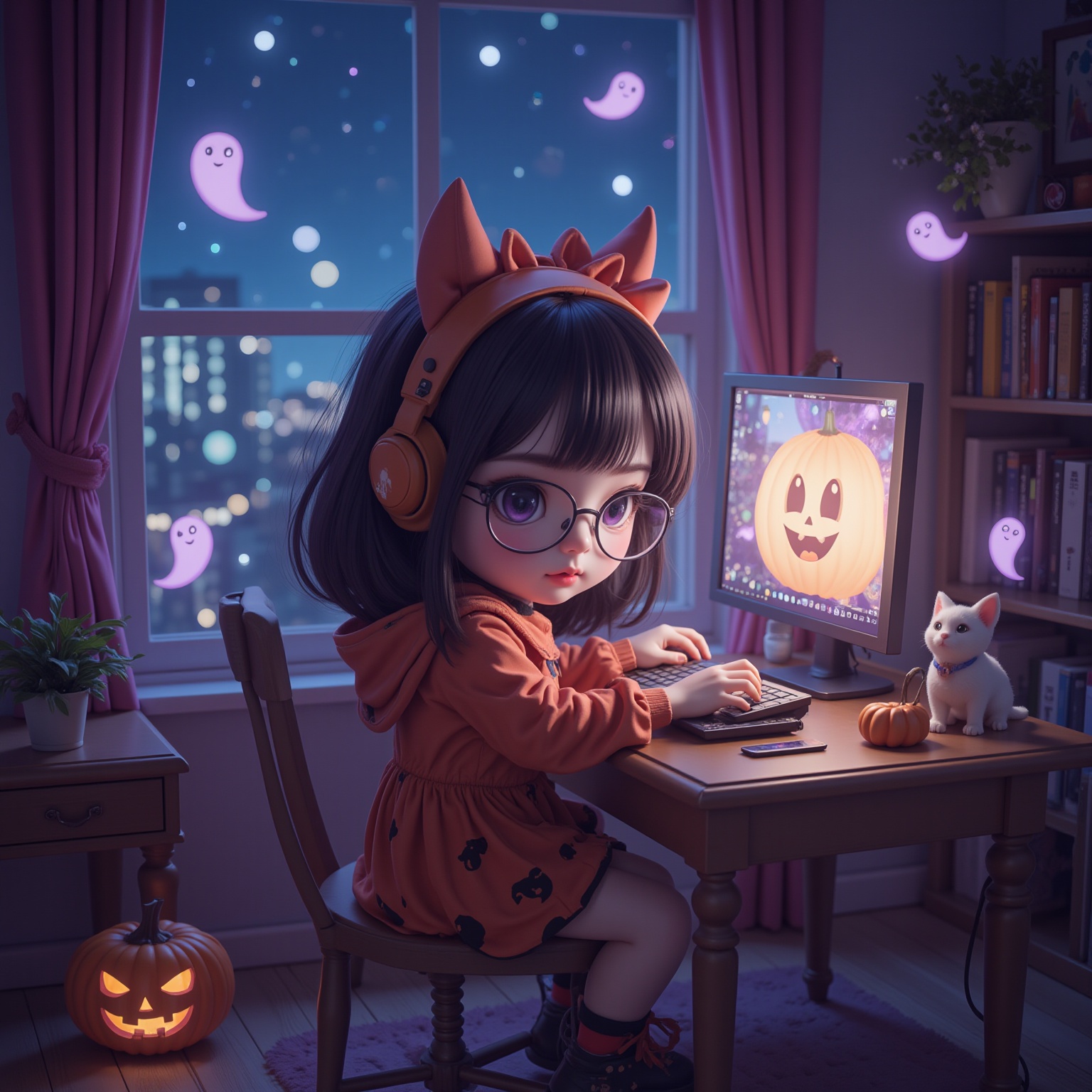 A cute chibi girl in Halloween costume working at a computer, wearing glasses, with an electric cat beside her; viewed from above in C4D style with soft lighting effects. Her desk has a pumpkin-shaped lamp, city nightscape visible through the window. The room is filled with adorable ghosts, full of details and vibrant energy, showcasing characteristics of 3D game art, high resolution, dreamy atmosphere, highlighted highlights, and clear outlines.