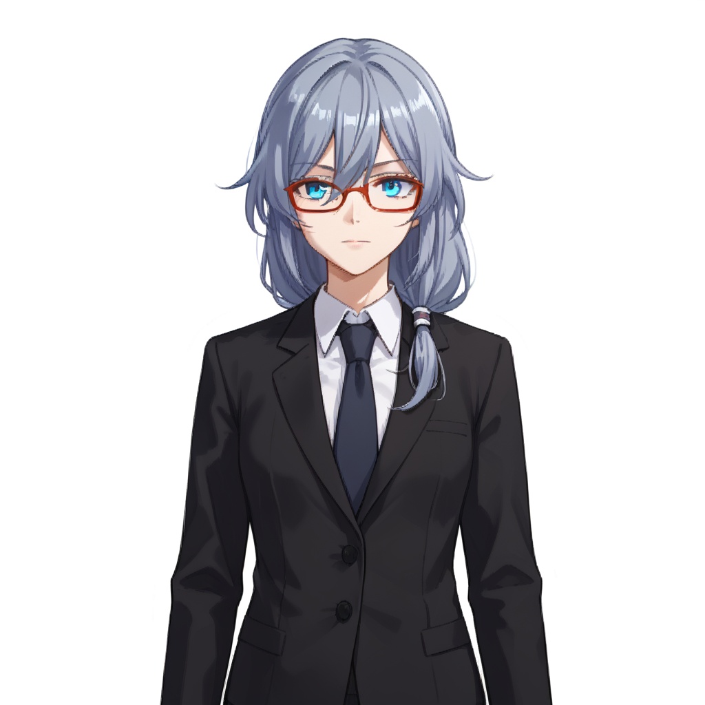 (white background:1.2),looking at viewer,(SOLO:1.4),outline,simple background,upper body, cowboy shot,looking at viewer,(((arms at side))),  fu hua, fu hua mangaver, long hair, bangs, hair between eyes, blue eyes, hair ornament, low-tied long hair, grey hair, blue hair, glasses, shirt, long sleeves, jacket, black jacket, suit, polo shirt<lora:heichao-pony:0.8>