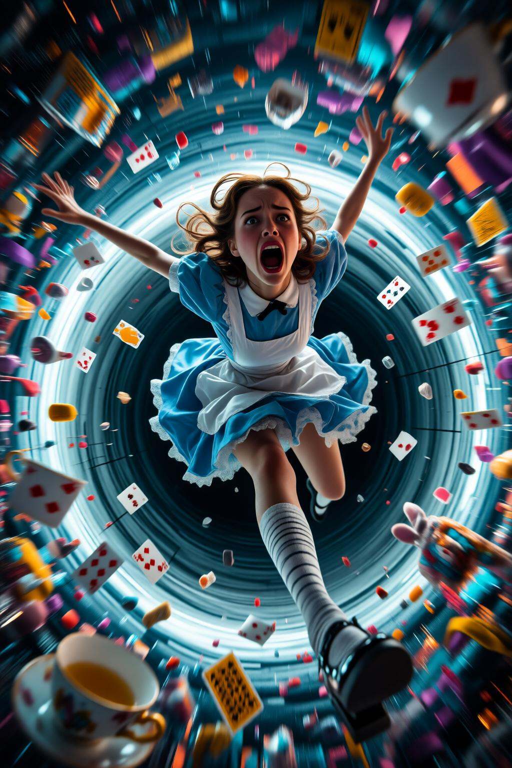 midjourneyhighangle13q High angle view. Close-up of Alice in Wonderland falling into the rabbit hole,  with her legs dangl...