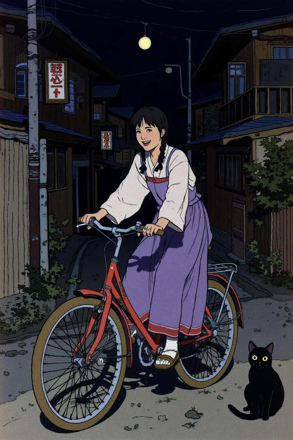 ivanbilibin1 illustration.A Japanese school girl riding a old style bicycle through a narrow,  quiet street at night. The...