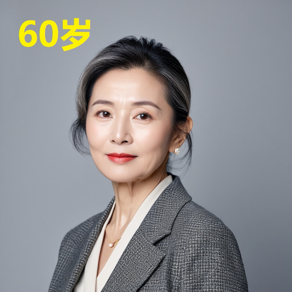 leogirl,A 60-year-old woman,portrait photo,facial focus,photo taken,fashionable and simple,Chinese ethnicity,soft gray background,natural lighting,high-resolution clarity,contemporary portrait,gentle,fashionable and avant-garde,simple accessories,details with strong contrast between skin color and neutral background,looking at the audience,