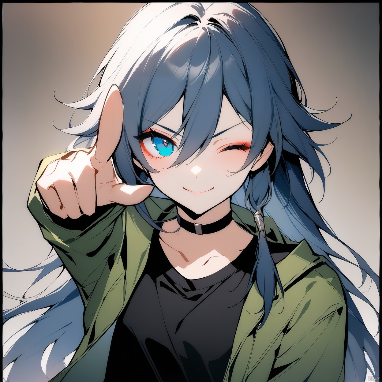 [[fu hua(honkai impact 3rd)]], nai3, 1girl, solo, artstyle,best quality,amazing quality,very aesthetic,absurdres,traditional media,female focus, 1girl, solo, long hair, looking at viewer, smile, bangs, blue eyes, shirt, black hair, long sleeves, hair between eyes, closed mouth, jacket, one eye closed, choker, v-shaped eyebrows, black shirt, black choker, border, pointing, ;\), green jacket, black border, pointing at viewer, fu hua