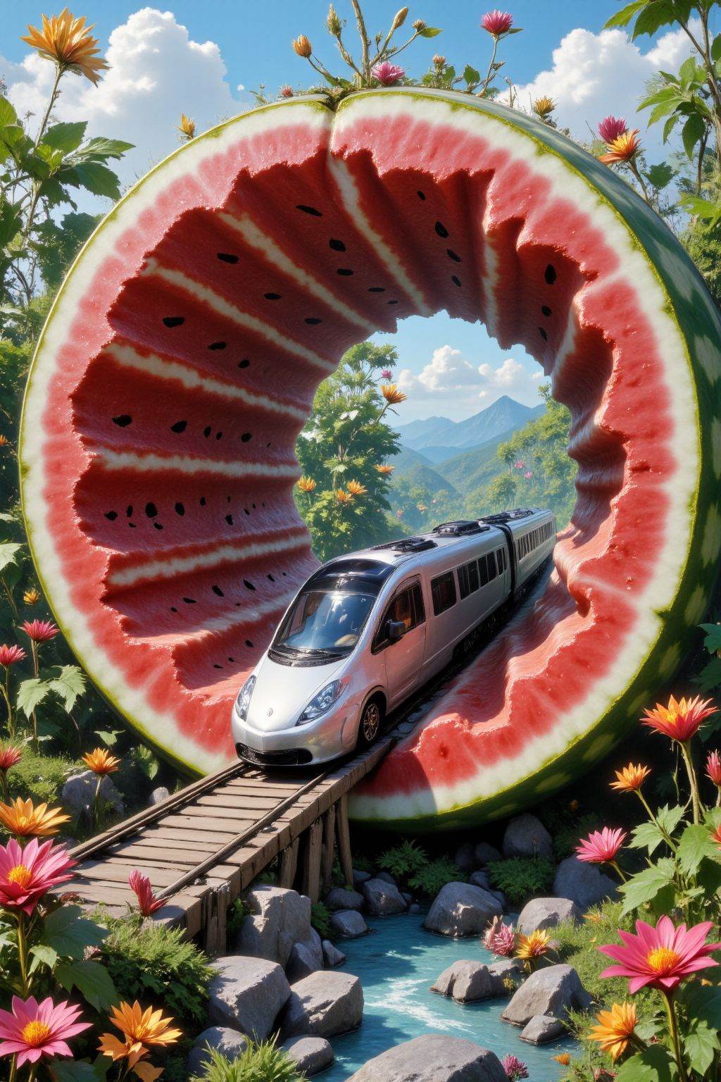 The image depicts a surreal scene where a train is emerging from a giant watermelon slice. The watermelon slice is intrica...