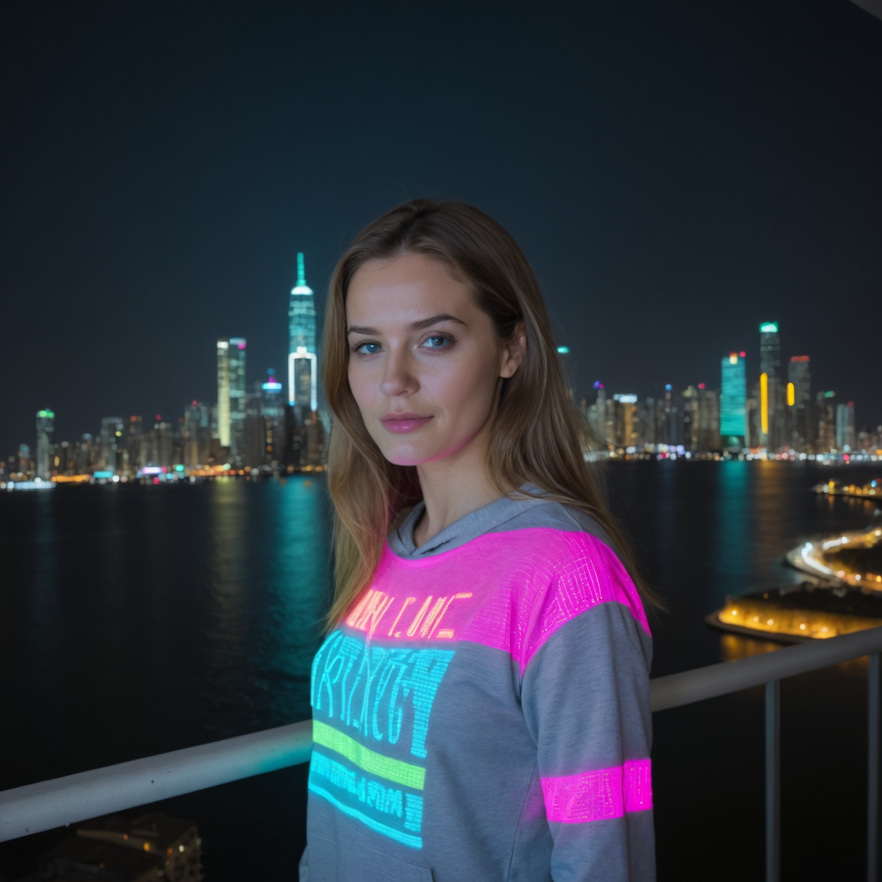 close portrait a 20 years old woman in a colorful outfit posing for a picture in front of a city skyline at night with a n...