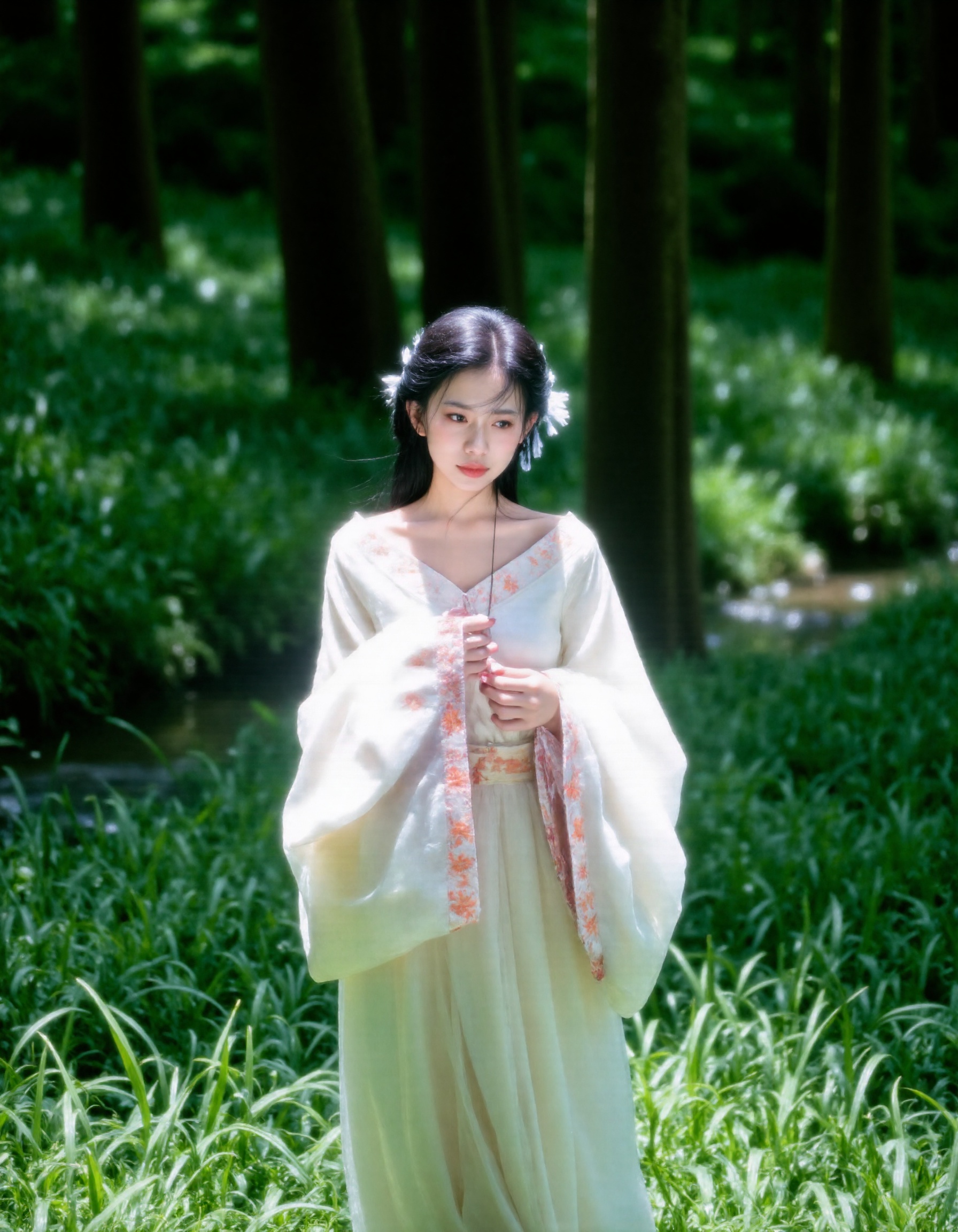A woman wearing Hanfu stood in a vibrant green grass,with white flowers decorating her hair. She was wearing a flowing white dress adorned with orange flowers,adding a touch of color to her outfit. There is a small stream next to it,and the trees are uneven,<lora:lora.rouguang.6:1>,