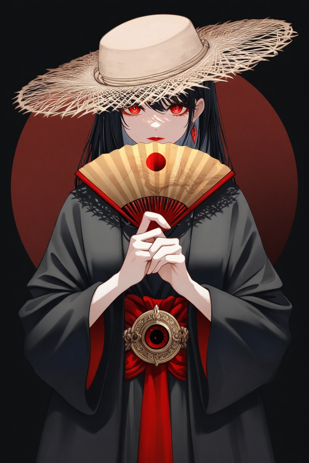 A minimalistic and dramatic portrait with a strong emphasis on contrast and cultural symbolism. The image features a myste...